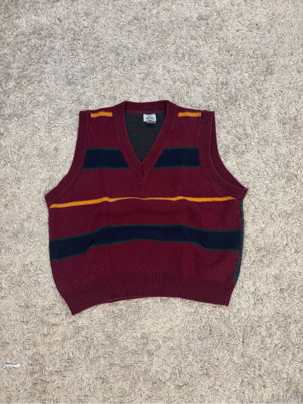 Men's Burgundy V-Neck Striped Sweater Vest with Navy & Mustard Accents